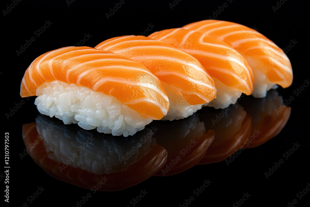 Elegant Japanese sushi featuring fresh salmon on a sleek black background. The luxurious nigiri showcases a perfect blend of flavors and artistry, highlighting its premium culinary appeal. Elegant Japanese sushi featuring fresh salmon on a sleek black background. The luxurious nigiri showcases a perfect blend of flavors and artistry, highlighting its premium culinary appeal.