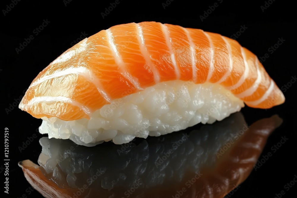 A luxurious presentation of Japanese salmon sushi on a sleek black background. The perfectly crafted sushi highlights the vibrancy and sophistication of traditional Japanese cuisine.