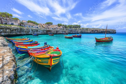 A lagoon in Jamaica holds moored colorful boats, reflecting the turquoise waters