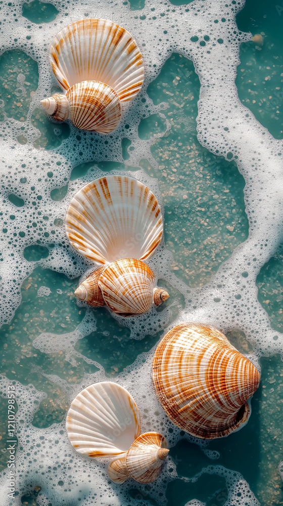 Sea shells scattered by the waves along the sandy beach as gentle ocean waves wash ashore on a bright summer day, inviting travelers to explore nature's treasures along the coast. Family summer travel Sea shells scattered by the waves along the sandy beach as gentle ocean waves wash ashore on a bright summer day, inviting travelers to explore nature's treasures along the coast. Family summer travel