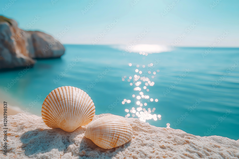 Sea shells on a rock beside the tranquil ocean under a clear summer sky. Sea shells on a rock with perfect sea view, summer travel concept. Family travel. Happy summer holidays, child free holiday Sea shells on a rock beside the tranquil ocean under a clear summer sky. Sea shells on a rock with perfect sea view, summer travel concept. Family travel. Happy summer holidays, child free holiday
