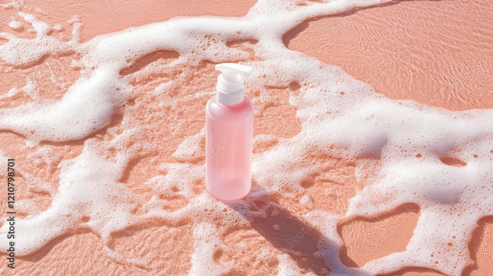 Fototapeta premium Artistic shot of sunscreen spray bottle on a coral pink surface.