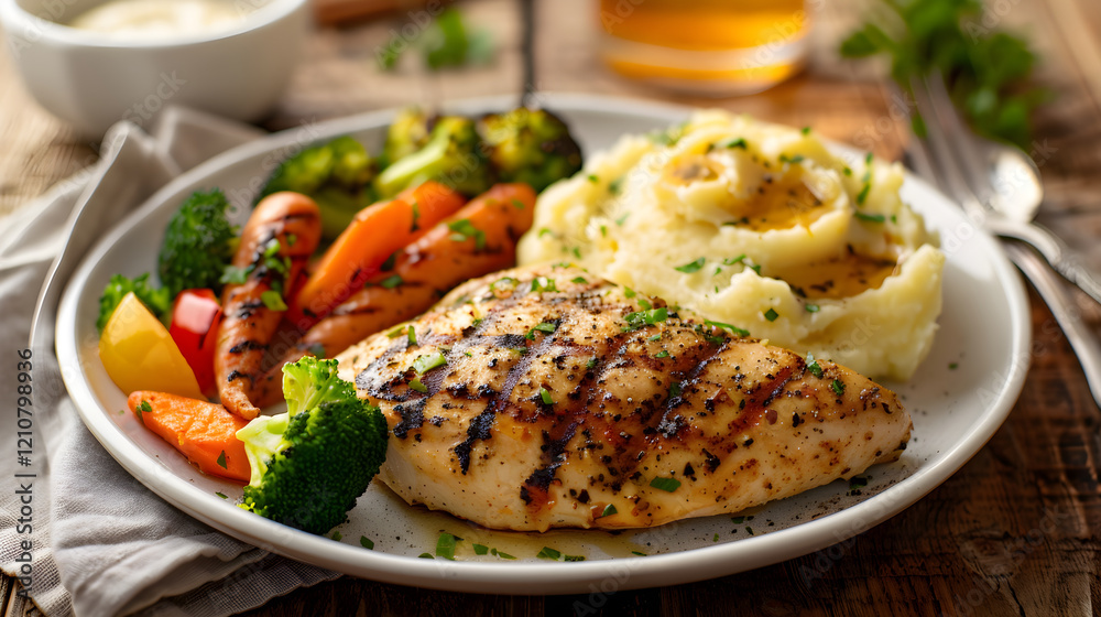 Delectable Grilled Chicken Dinner with Roasted Vegetables and Mashed Potatoes on a Rustic Table Delectable Grilled Chicken Dinner with Roasted Vegetables and Mashed Potatoes on a Rustic Table