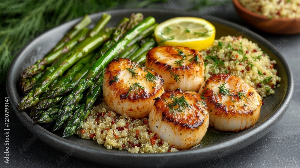 Highquality image of scallops asparagus quinoa with dill styling Highquality image of scallops asparagus quinoa with dill styling
