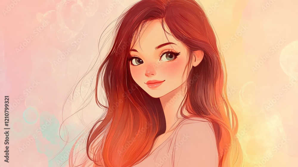 portrait of anime girl with long hair, soft pastel background, cheerful and inviting, hand-drawn and warm atmosphere portrait of anime girl with long hair, soft pastel background, cheerful and inviting, hand-drawn and warm atmosphere