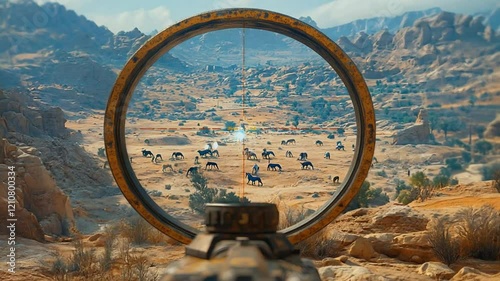View through a rifle scope targeting a herd of animals in a mountainous landscape.