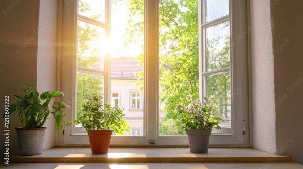 Fototapeta premium Sunlight Streaming Through a Window with Plants and Flowers