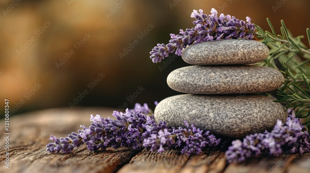 Stacked stones and lavender create a calming atmosphere in natural setting Stacked stones and lavender create a calming atmosphere in natural setting