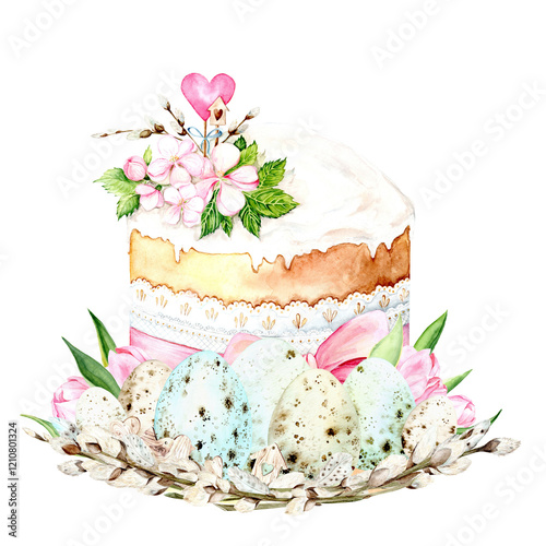 Watercolor Easter composition: kulich with white glaze, decorative pink flowers and greenery, in the presence of colorful quail eggs and sprigs of willow. Perfect for spring decor, holiday cards and