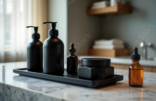 Stylish black skincare, grooming products arranged on marble tray in modern bathroom. Essential products like lotions creams, oils presented in elegant dark bottles, jars. Modern design, masculine