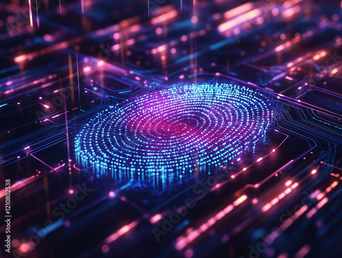 Digital image of a fingerprint with a blue and red outline. The fingerprint is surrounded by a blue and red background