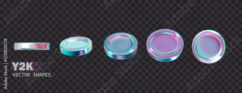 Holographic coin in different angles. 3d chrome circles Iridescent shape. Futuristic, y2k icon set