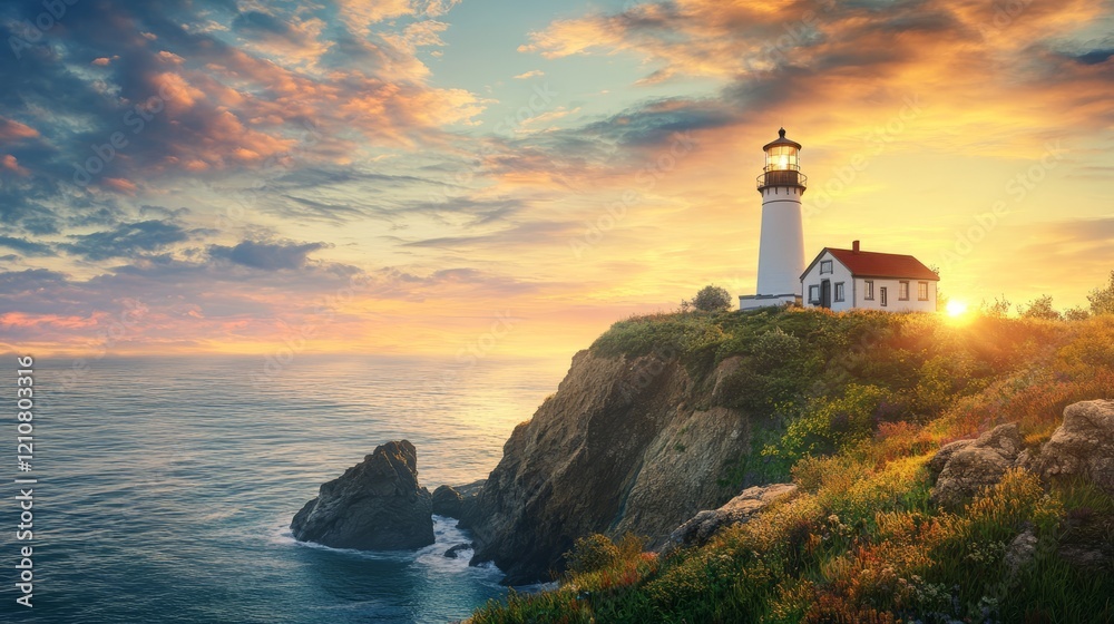 Rustic lighthouse on a cliff overlooking the ocean at sunset, warm light, peaceful and serene, highly detailed, tranquil and calming atmosphere Rustic lighthouse on a cliff overlooking the ocean at sunset, warm light, peaceful and serene, highly detailed, tranquil and calming atmosphere