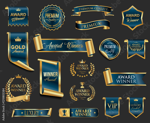 VIP, premium and gold award emblem blue and gold isolated on gray background 