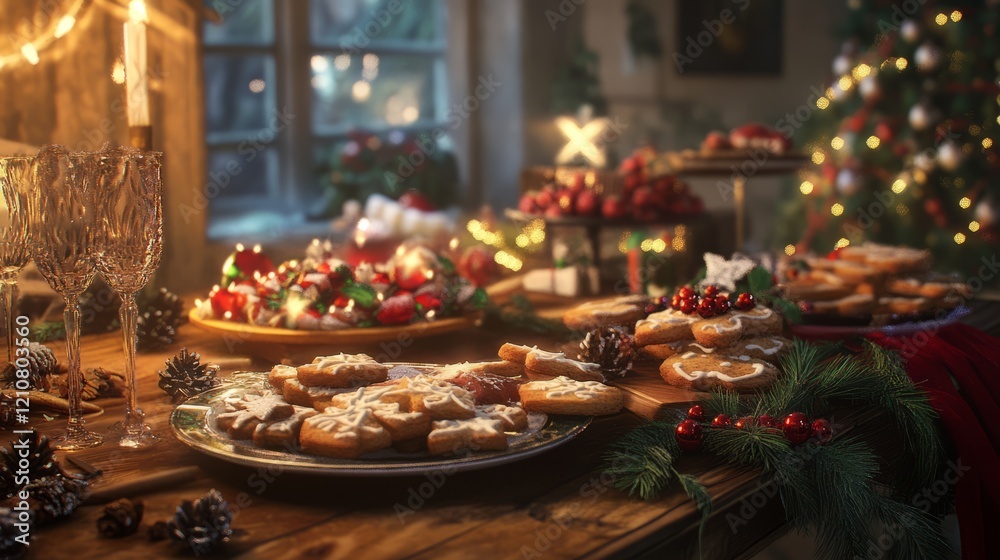 Rustic table with Christmas cookies and decorations, soft warm light, highly detailed, festive and inviting, peaceful and cozy, calm and cheerful, seasonal and vibrant atmosphere Rustic table with Christmas cookies and decorations, soft warm light, highly detailed, festive and inviting, peaceful and cozy, calm and cheerful, seasonal and vibrant atmosphere