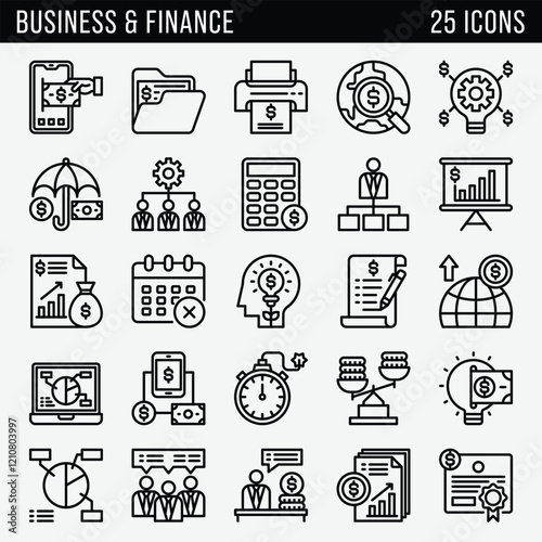 Finances, audit, accounting, taxes editable stroke outline icons set isolated on white background flat vector illustration.