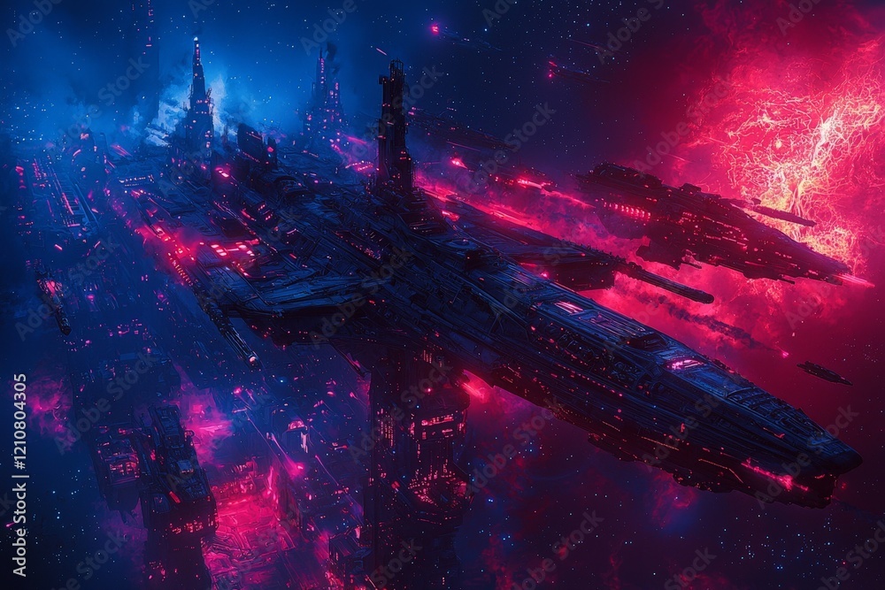 Obraz premium A colossal, dark spaceship dominates a vibrant, neon-lit space battle scene.