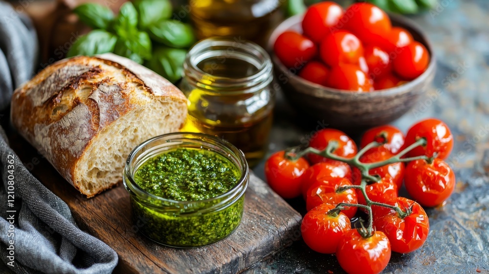 Rustic table setting with bread pesto tomatoes olive oil Rustic table setting with bread pesto tomatoes olive oil