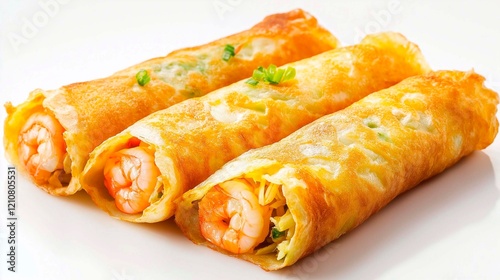 Crispy vietnamese crepes Banh Xeo filled with shrimp, pork, bean sprouts isolated on white background photo