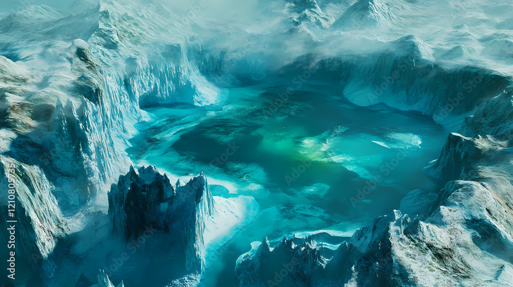 Aerial panorama of a glacial lagoon glowing under the auroras, with icy cliffs and jagged peaks creating cinematic depth, in resolution. Glowing Lagoon. Illustration