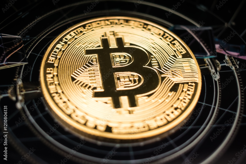 Fototapeta premium Golden Bitcoin Coin on Futuristic Digital Technology Background