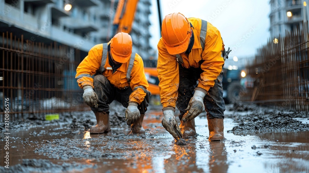 Construction workers in mud, city background, groundwork Construction workers in mud, city background, groundwork