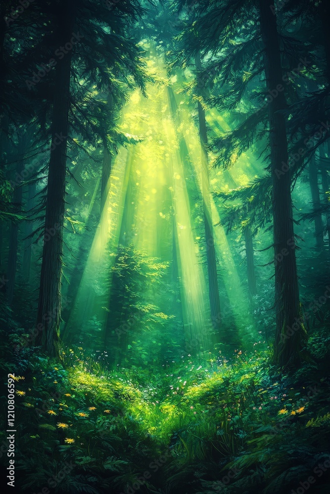 Obraz premium Sunbeams pierce through a dense canopy of green trees in this forest.