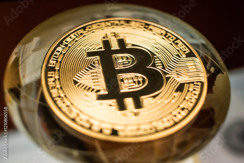 Golden Bitcoin Coin on Futuristic Digital Technology Background