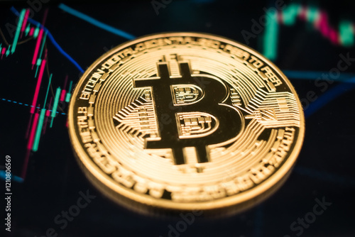 Golden Bitcoin Coin on Futuristic Digital Technology Background