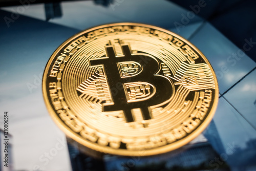 Golden Bitcoin Coin on Futuristic Digital Technology Background