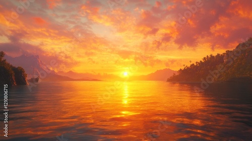 Scenic sunset over a calm ocean, vibrant warm colors, peaceful and tranquil, highly detailed, natural and inviting, calm and serene, idyllic and beautiful atmosphere