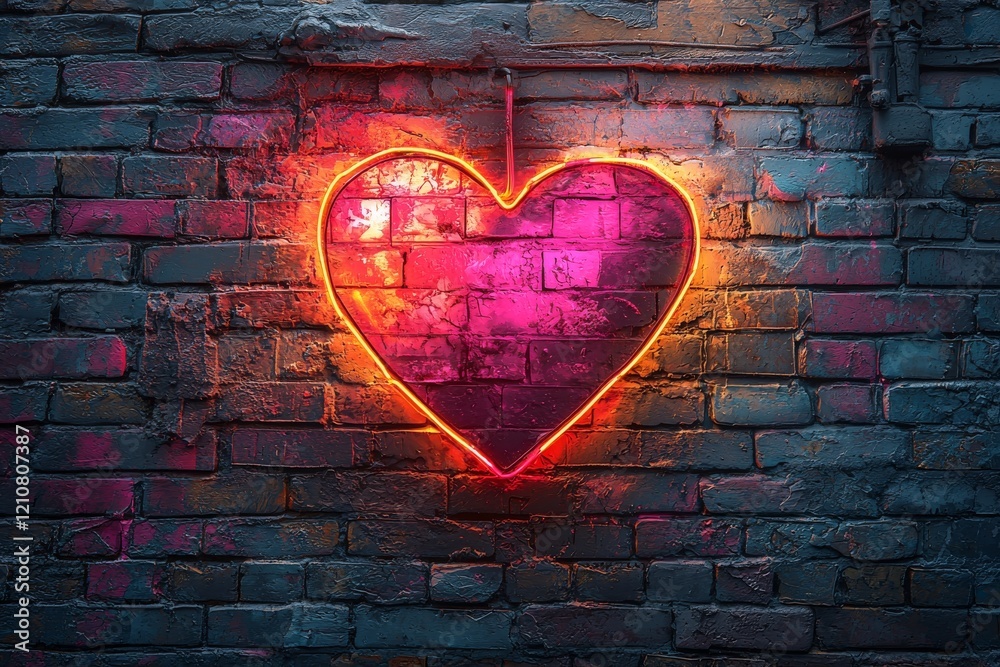 Neon Heart Glowing Against Grunge Brick Wall, Urban Street Art with Vibrant Colors and Texture, Love Symbol on Rough Surface, Modern Graffiti Artwork Illuminated Neon Heart Glowing Against Grunge Brick Wall, Urban Street Art with Vibrant Colors and Texture, Love Symbol on Rough Surface, Modern Graffiti Artwork Illuminated
