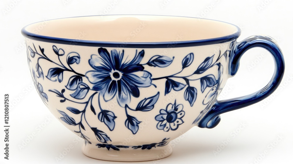 Elegant ceramic tea cup with blue and white floral details on a light tan surface. Elegant ceramic tea cup with blue and white floral details on a light tan surface.