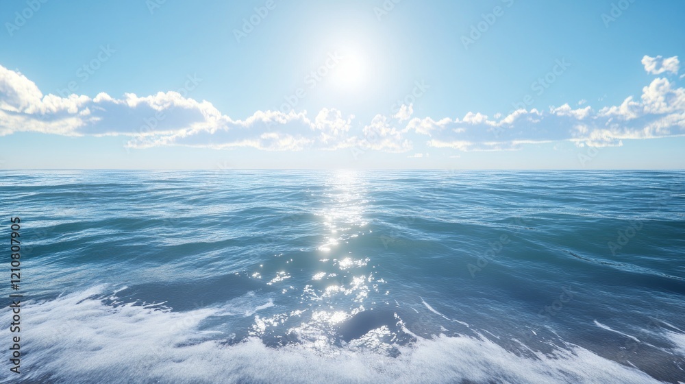 Scenic view of a tranquil ocean with gentle waves, bright blue sky, peaceful and inviting, highly detailed, calm and natural, warm and idyllic, tranquil and beautiful atmosphere Scenic view of a tranquil ocean with gentle waves, bright blue sky, peaceful and inviting, highly detailed, calm and natural, warm and idyllic, tranquil and beautiful atmosphere