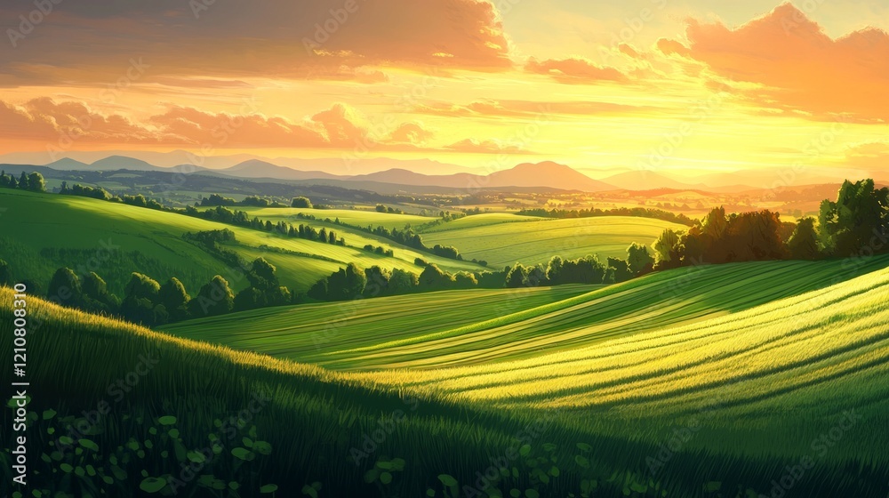 Fototapeta premium Scenic view of rolling hills and green fields at sunset, peaceful and inviting, highly detailed, calm and natural, warm and idyllic, tranquil and beautiful atmosphere