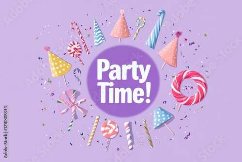 Celebrate joyfully with a vibrant party time logo featuring fun elements on a pastel background for festive gatherings photo