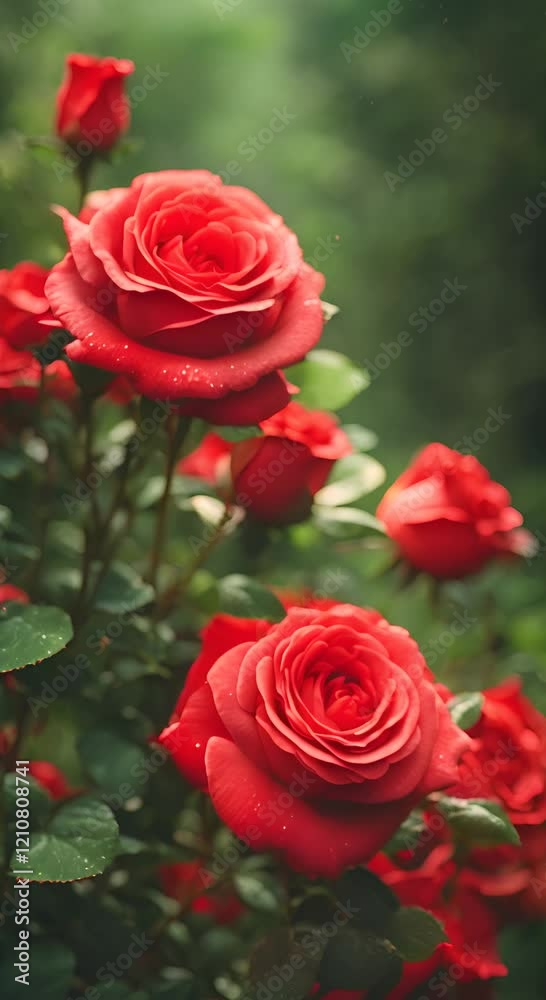 Roses with a bright red color in a beautiful plantation glistening with morning dew surrounded by lush green leaves 4K vertical Roses with a bright red color in a beautiful plantation glistening with morning dew surrounded by lush green leaves 4K vertical