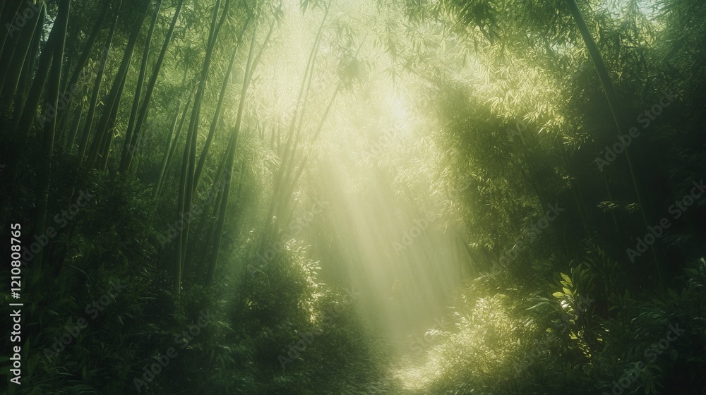 Obraz premium Serene bamboo forest with sunlight filtering through, tranquil and peaceful, lush greenery, soft light, natural atmosphere