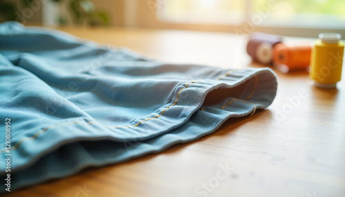 Repairing loose threads on skirt hem in bright workspace, DIY creativity photo