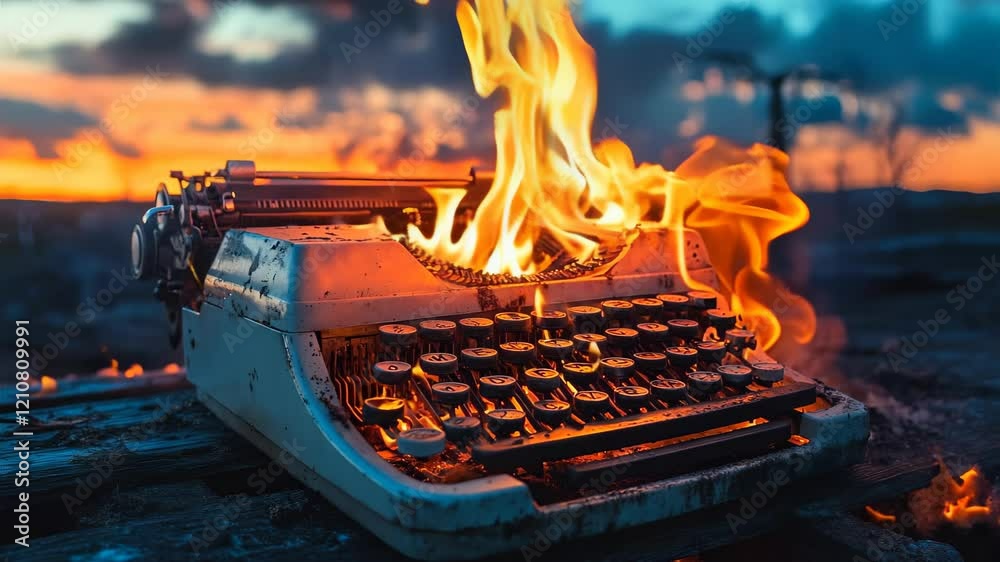 Vintage Typewriter on Fire Against Stunning Sunset Backdrop