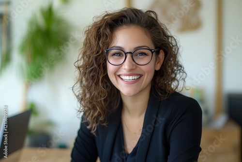 Confident businesswoman with glasses, excited and happy in her office space