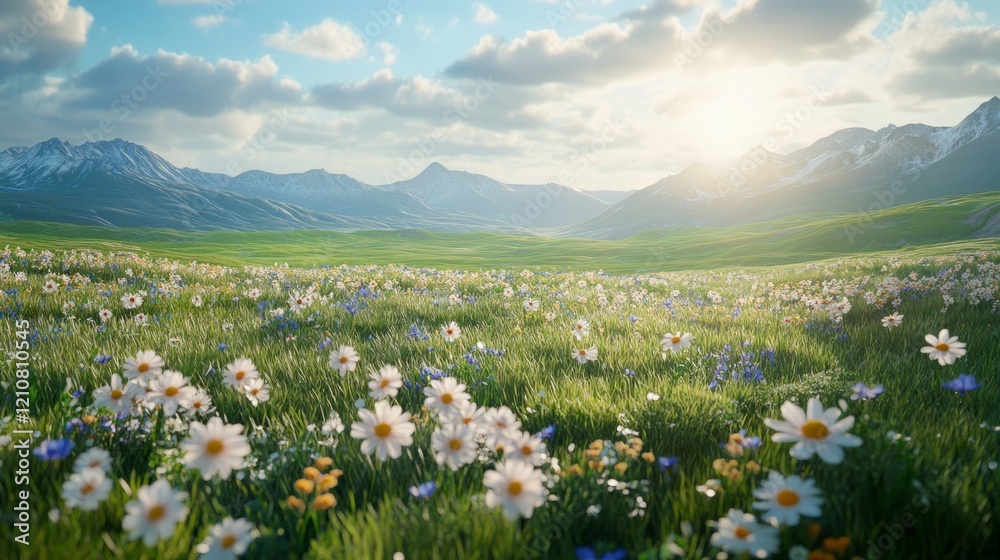 Serene view of a lush green meadow with blooming wildflowers, bright sunlight, peaceful and inviting, highly detailed, calm and natural, warm and vibrant, tranquil and beautiful atmosphere Serene view of a lush green meadow with blooming wildflowers, bright sunlight, peaceful and inviting, highly detailed, calm and natural, warm and vibrant, tranquil and beautiful atmosphere