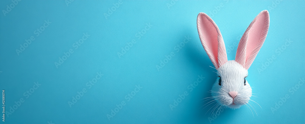 Obraz premium Rabbit head pops on blue. A rabbit's head with large ears appears against a vibrant blue backdrop, creating a playful and cheerful atmosphere.