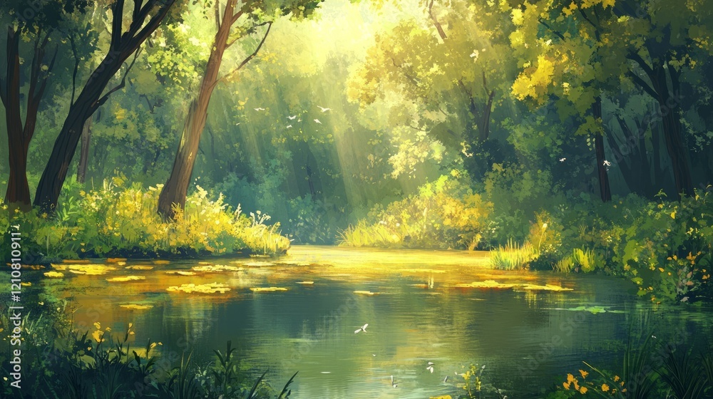 Serene view of a tranquil forest with sunlight filtering through the trees, peaceful and inviting, highly detailed, calm and natural, warm and idyllic, tranquil and beautiful atmosphere Serene view of a tranquil forest with sunlight filtering through the trees, peaceful and inviting, highly detailed, calm and natural, warm and idyllic, tranquil and beautiful atmosphere