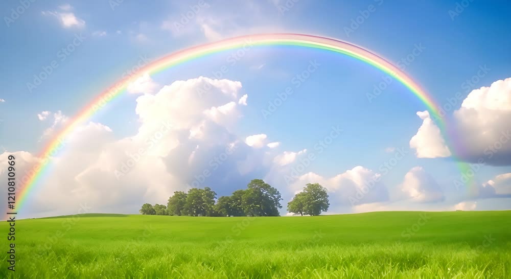 Green fields and blue skies with fluffy white clouds A rainbow arches across the sky A gentle breeze sways the tall grass 4K Green fields and blue skies with fluffy white clouds A rainbow arches across the sky A gentle breeze sways the tall grass 4K