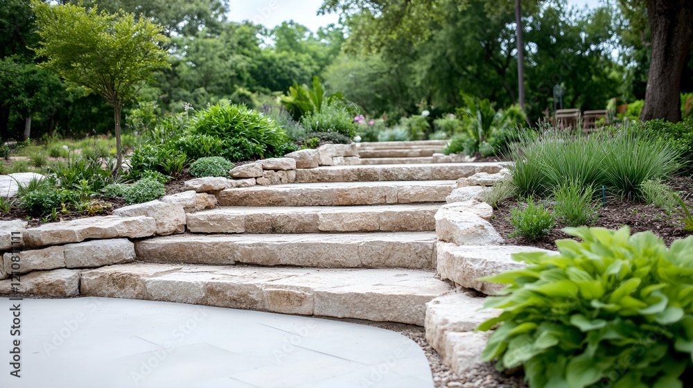 Stone staircase leads up to a garden Stone staircase leads up to a garden
