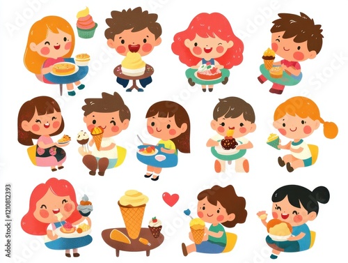 A group of people eating, happy and relaxed in the style of flat illustrations with a white background The characters include men and women sitting at round tables, enjoying their food Generative AI