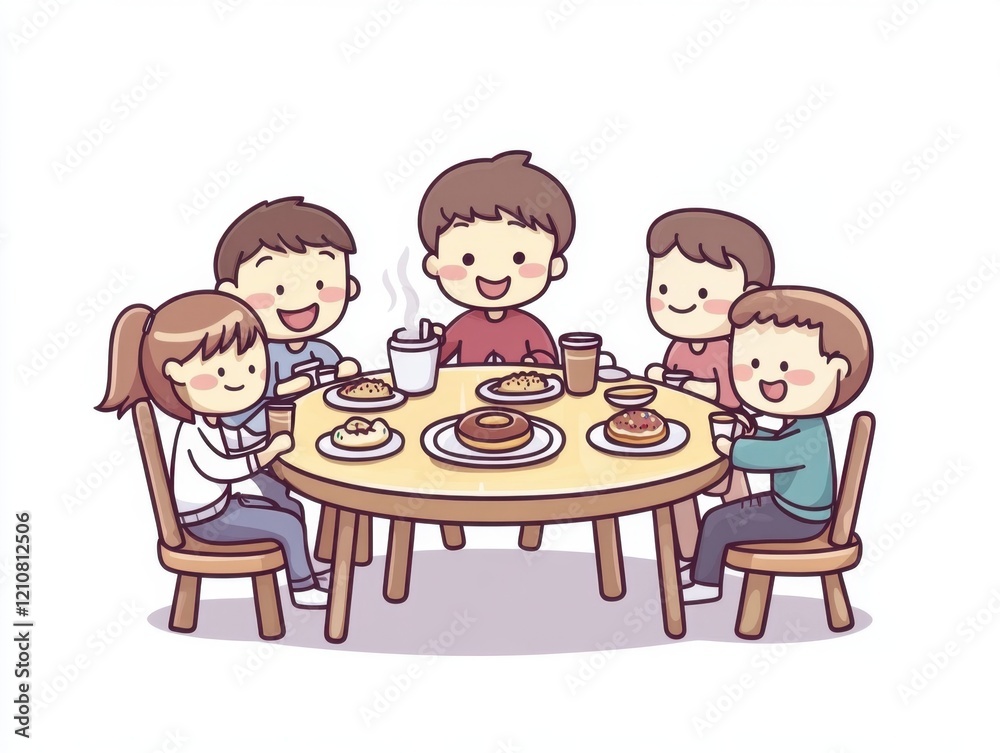 Cartoon people eating at a table, illustration on a white background, simple design, flat colors, front view Generative AI Cartoon people eating at a table, illustration on a white background, simple design, flat colors, front view Generative AI