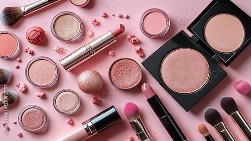 A flat lay of pink-themed makeup products and tools on a pastel background.