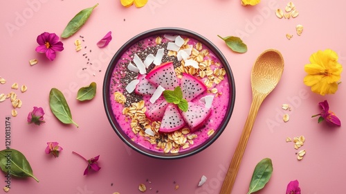 Colorful flatlay featuring dragon fruit smoothie bowl with toppings